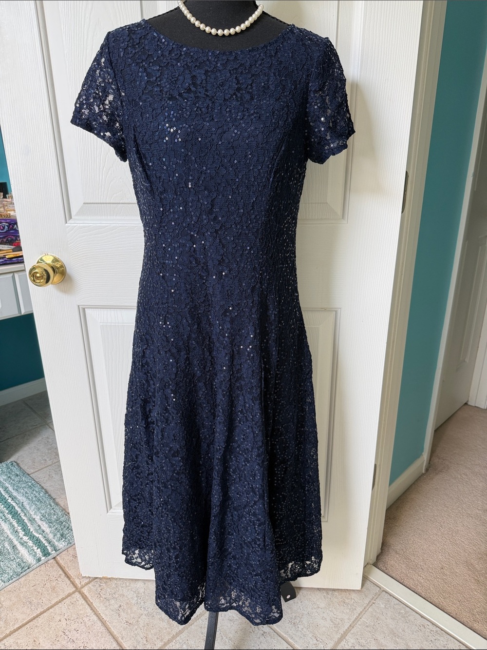 SLNY Navy Lace and Sequin Short-Sleeve Fit-and-Flare Midi Dress